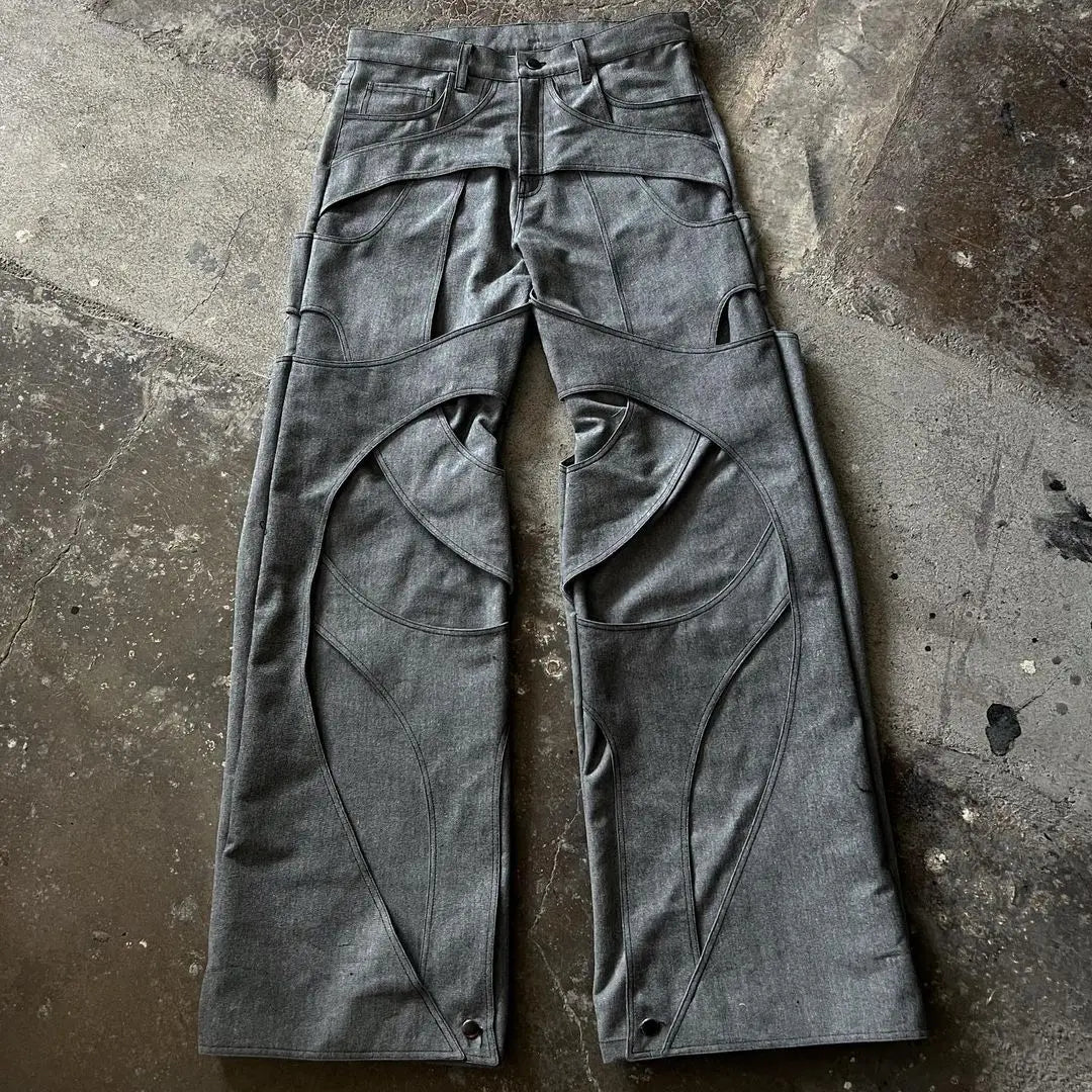 Casual Floor Mopping Pants Hollow Design Cotton Loose Jeans for Men's Solid Color Retro Work Jeans Y2k Clothes Men and Women