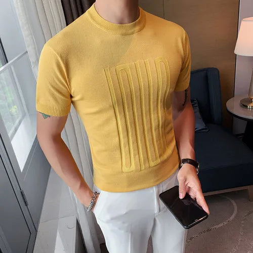 saferido New Summer Men's Short Sleeve Solid Color T shirt Round Collar British Slim Casual Fashion Knit T-Shirts S-3XL