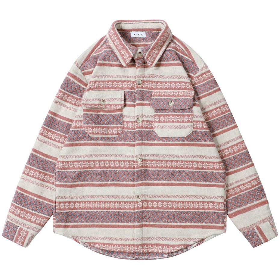 Winter Thicken Button Shirts Geometric Graphic Striped Nation Style Woolen Shirts Men's Autumn Button Up Blouse