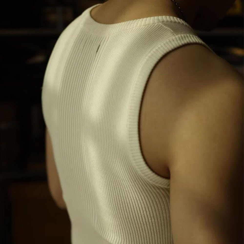 Man Streetwear Casual Solid Knitted Vest Sports Gym Bottoming Shirt Summer Ribbed Tank Top Male Slim Crew Neck Sleeveless Tees