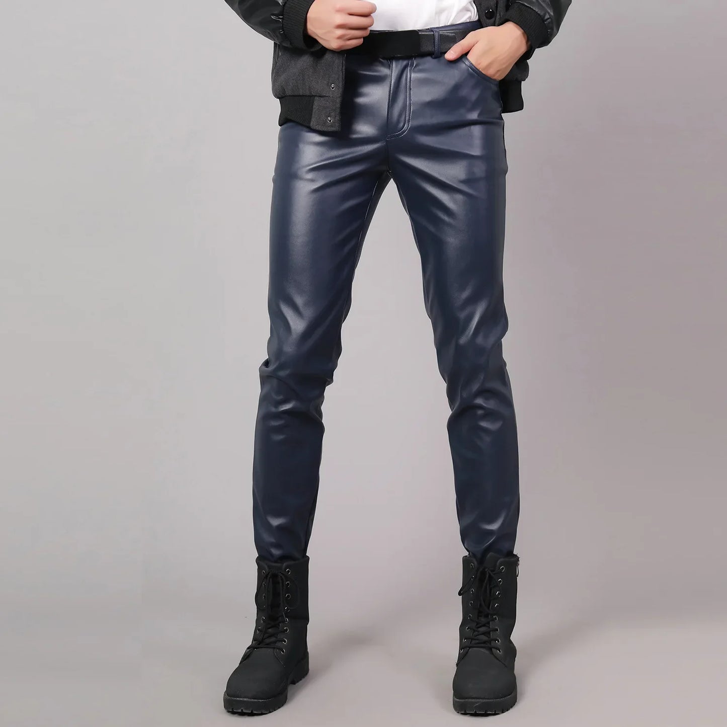 saferido Men's Leather Pants Spring Autumn Slim Fit Elastic Style Male Fashion PU Leather Trousers Moto Pants Solid Color Casual Bottoms