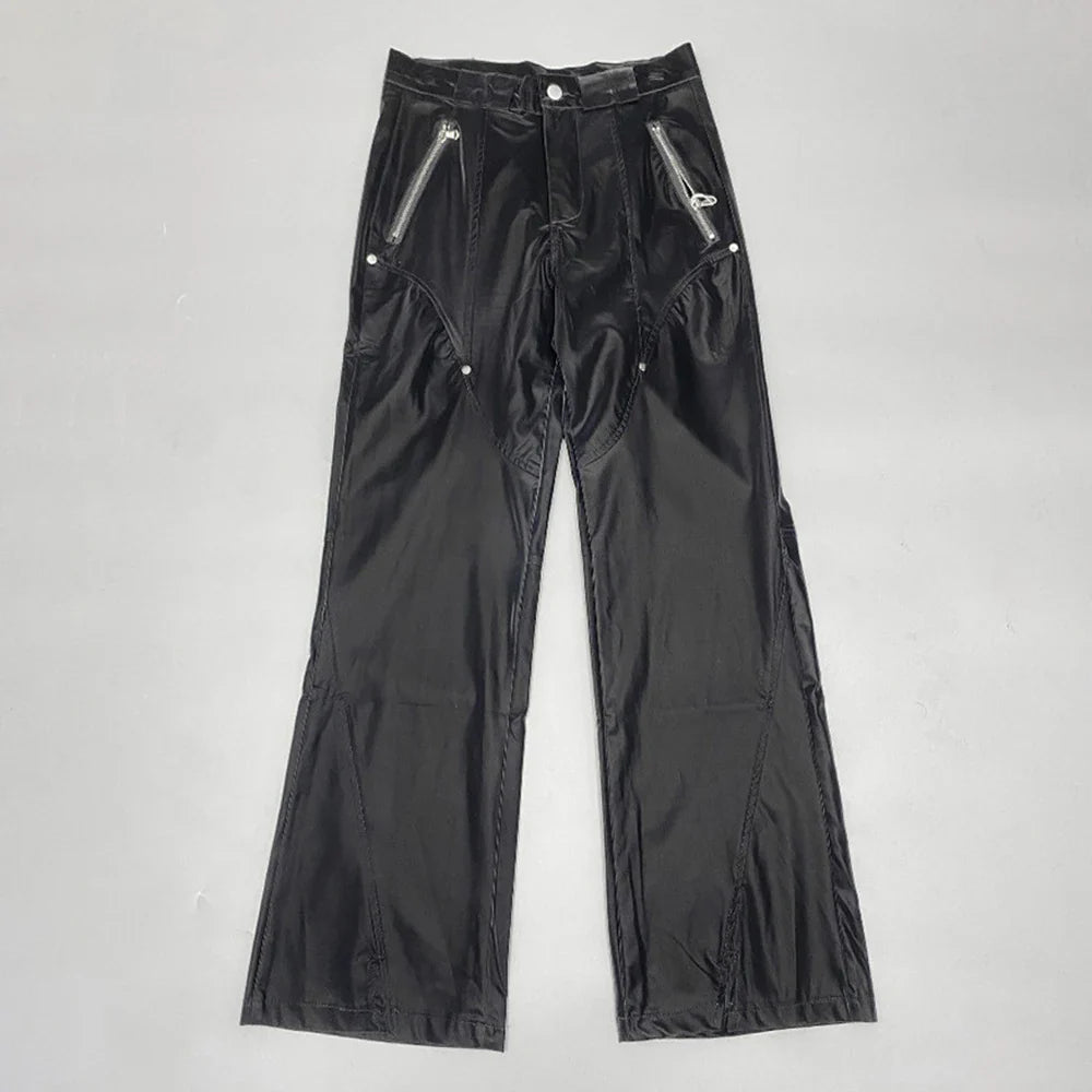 saferido Y2k Mens American Retro Design Punk Street Trousers Fashion High Waist Loose Versatile Split Liquid Leather Pants Unisex
