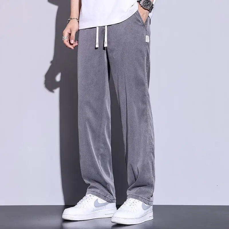 saferido Men's Summer Ice Silk Jeans/Male Elastic Waistline Loose and Comfortable Tencel Jeans Drawstring Korea Casual Trousers M-5XL