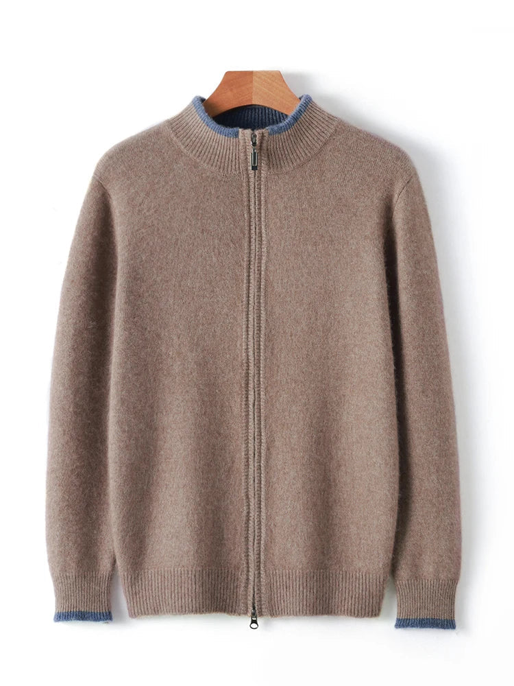 Autumn/Winter New 100% Pure Cashmere Sweater Men's Half High Neck Knitted Zippered Cardigan Solid Color Wool Top Coat