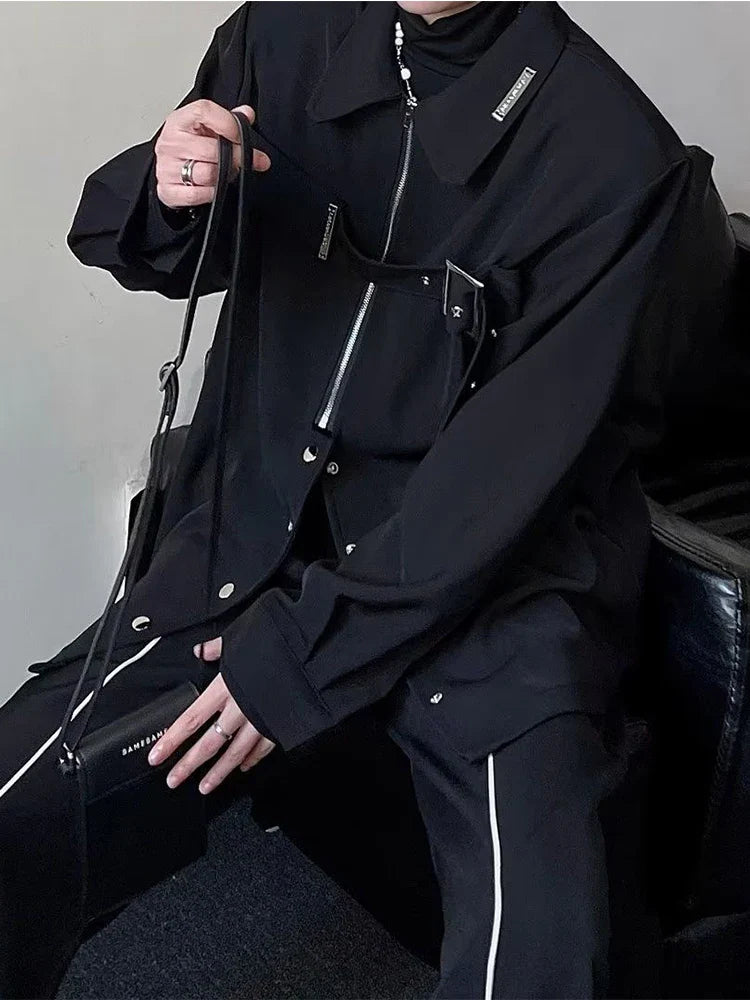 saferido Techwear Shirts Men Darkwear Hip Hop Blouses Punk Black Long Sleeve Button Up Male Zipper Harajuku Japanese Streetwear