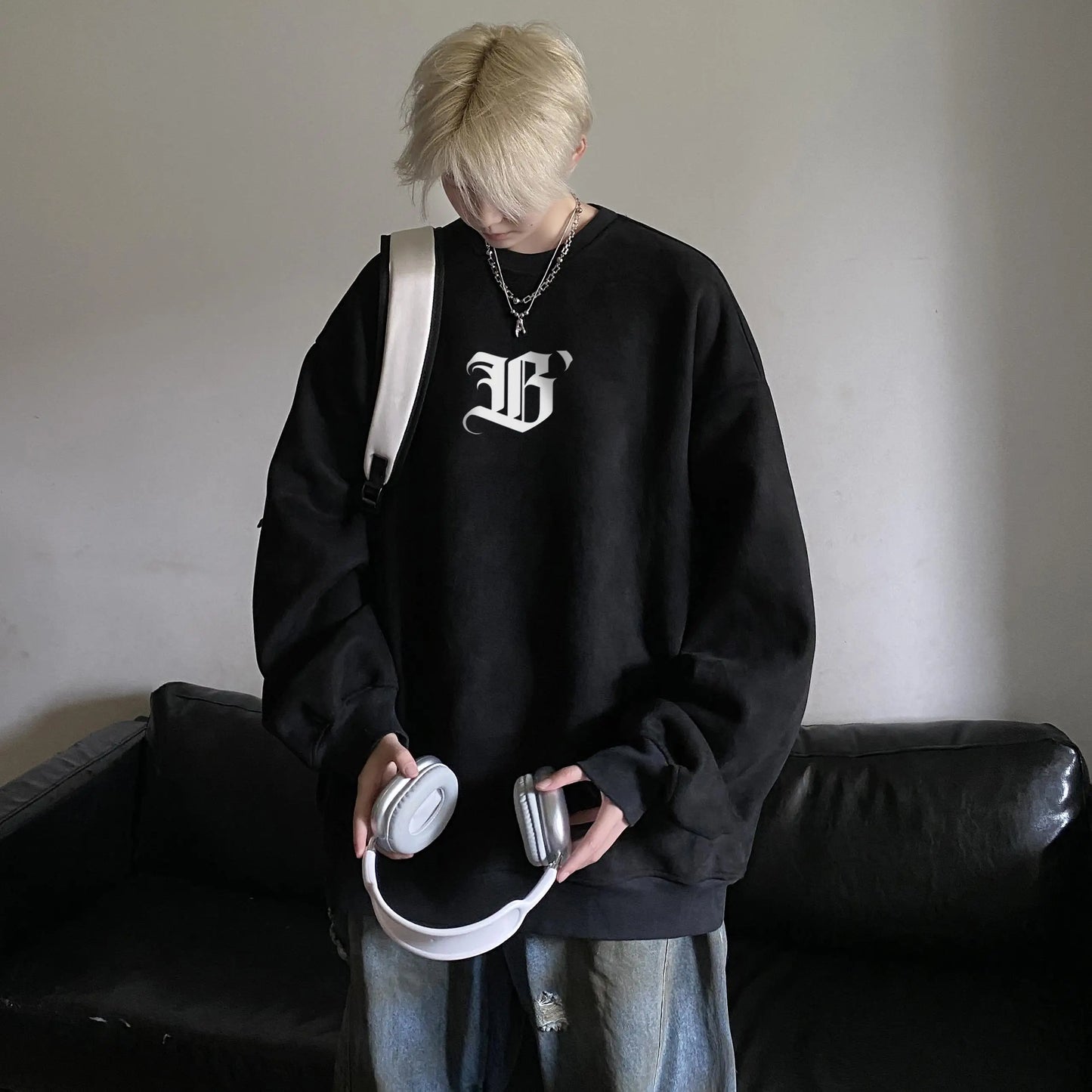 saferido High Street Men Sweatshirt Angel Wing Graphic Printed Gothic Style Pullover Sweatshirts Oversize Baggy Hip Hop Round Neck Hoodie