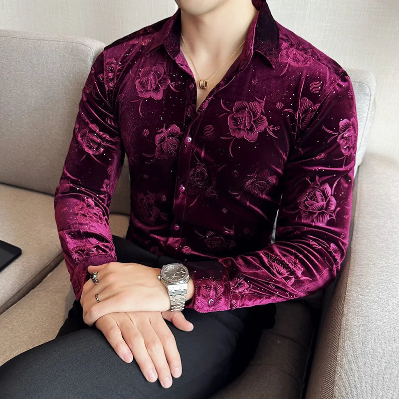 Camisa Masculina Autumn Winter Luxury Print Men's Social Shirt Long Sleeve Slim Elegant Velvet Shirts For Men Clothing Formal