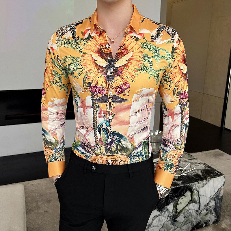 Men's Classic Geometric Print Shirt Spring Autumn Retro Casual Slim Fit Long Sleeve Shirts Men Party NightClub Shirts