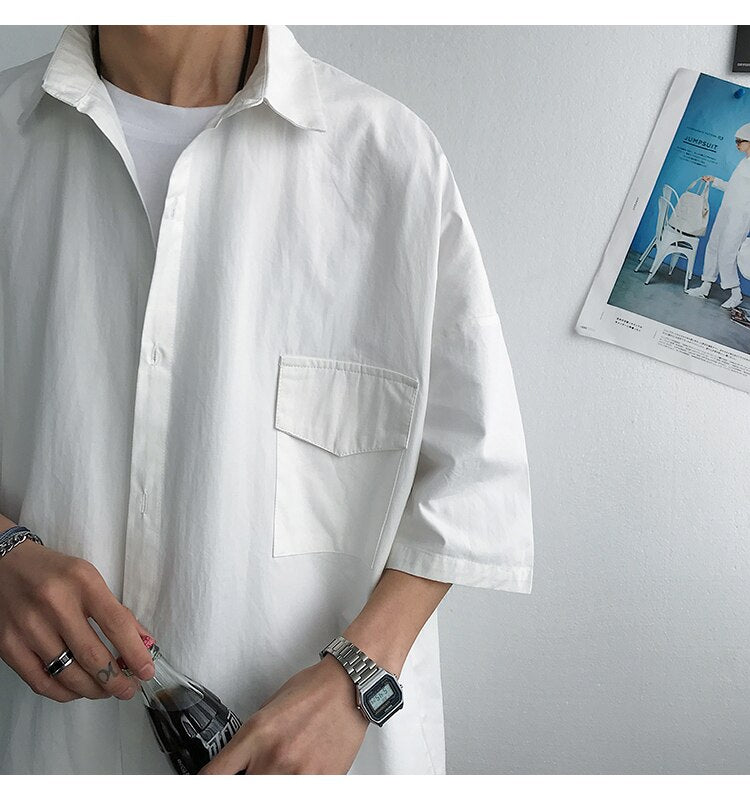 saferido Summer New Fashion Loose Solid Shirts Men's Casual Short Sleeve Shirts Turn-down Collar Clothing Blouses Tops Q02