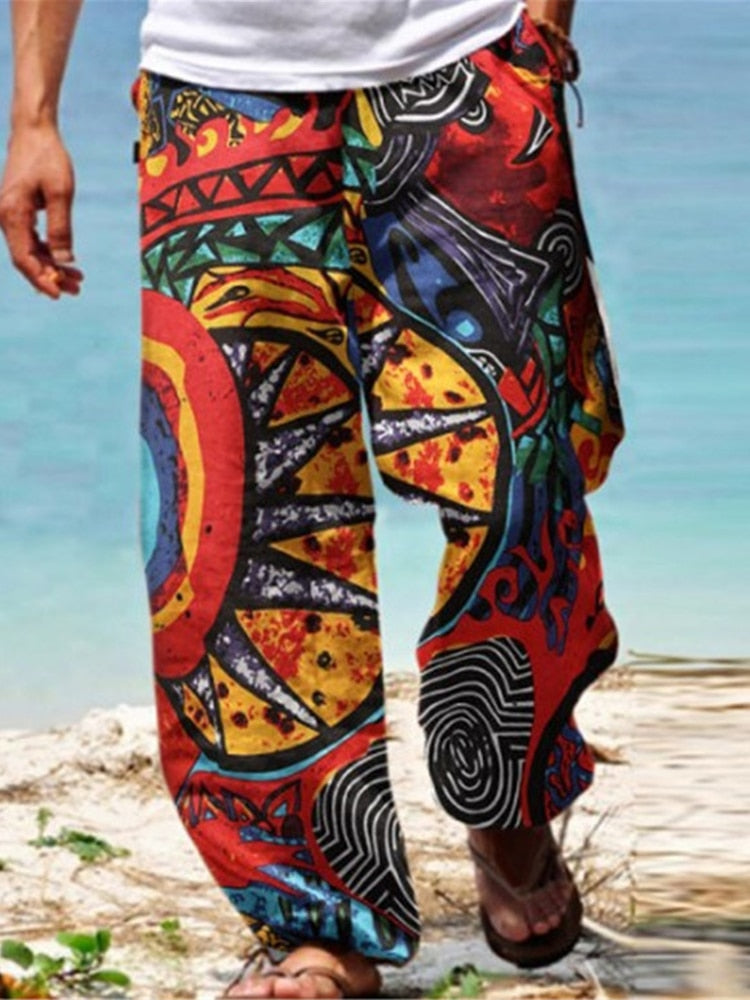 Summer Men Baggy Pants Casual Printed Design Wide Leg Trousers Retro Vintage Beach Hawaiian Plus Size Loose Pants Man Streetwear