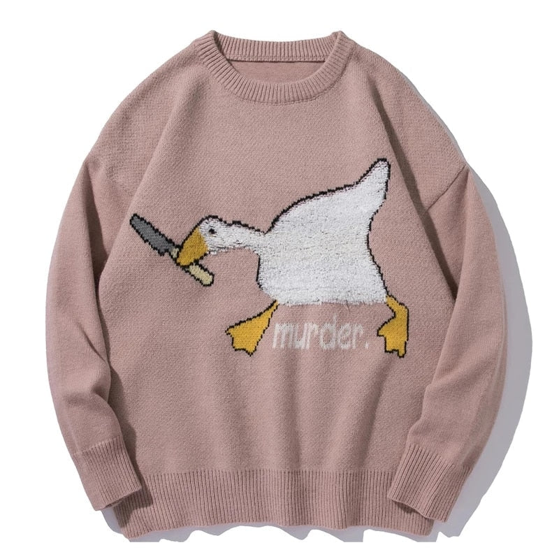 Men Harajuku Sweater Cartoon Spoof Goose Print Pullover Casual O-neck Knitted Top Hip Hop Loose Sweater Couple Streetwear Fall