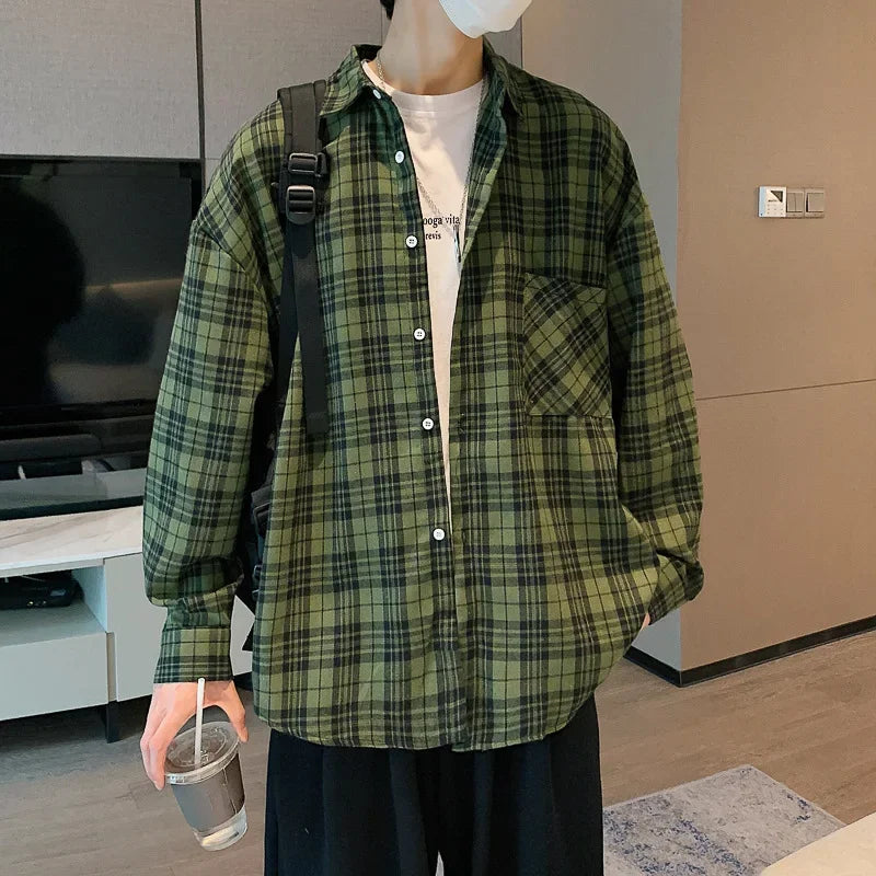 saferido Japanese Retro Fashion Spring Plaid Shirt Men Long Sleeve Plaid Shirt 100% Cotton Men's Casual Baggy Button Up Tees Shirt