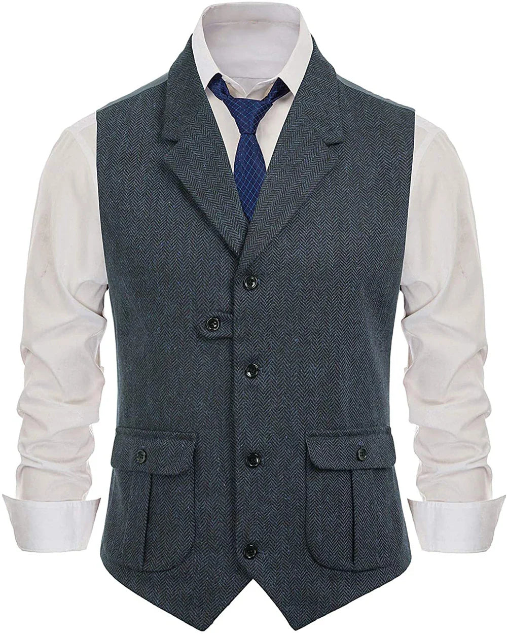 Herringbone Men's Vests Casual Suit Vest Notch Lapel with Two Pockets Herringbone Waistcoat for Wedding Groomsmen Men Vest