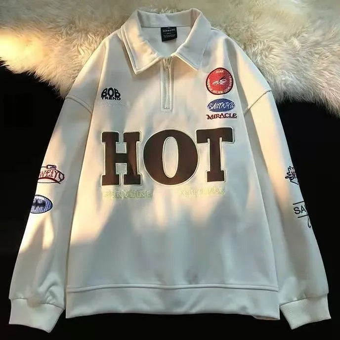 American retro street alphabet print stitching stand collar sweater men and women spring and autumn tide brand sports top