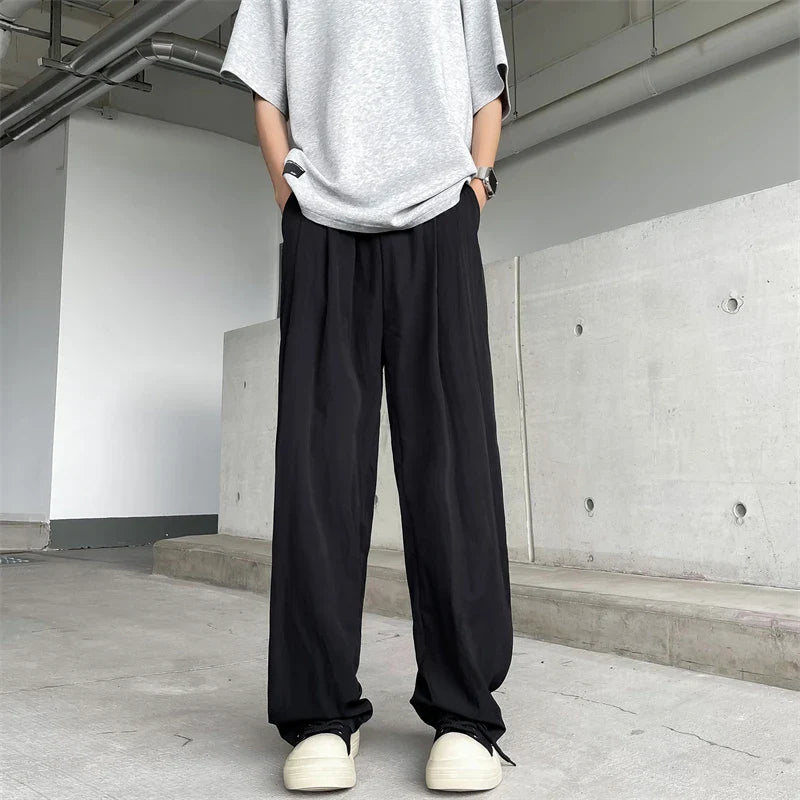 saferido Summer Casual Pants Men Solid Simple Ice Silk Breathable Baggy Wide Leg Trousers Japanese Style Vintage Fashion Couples Chic Ins