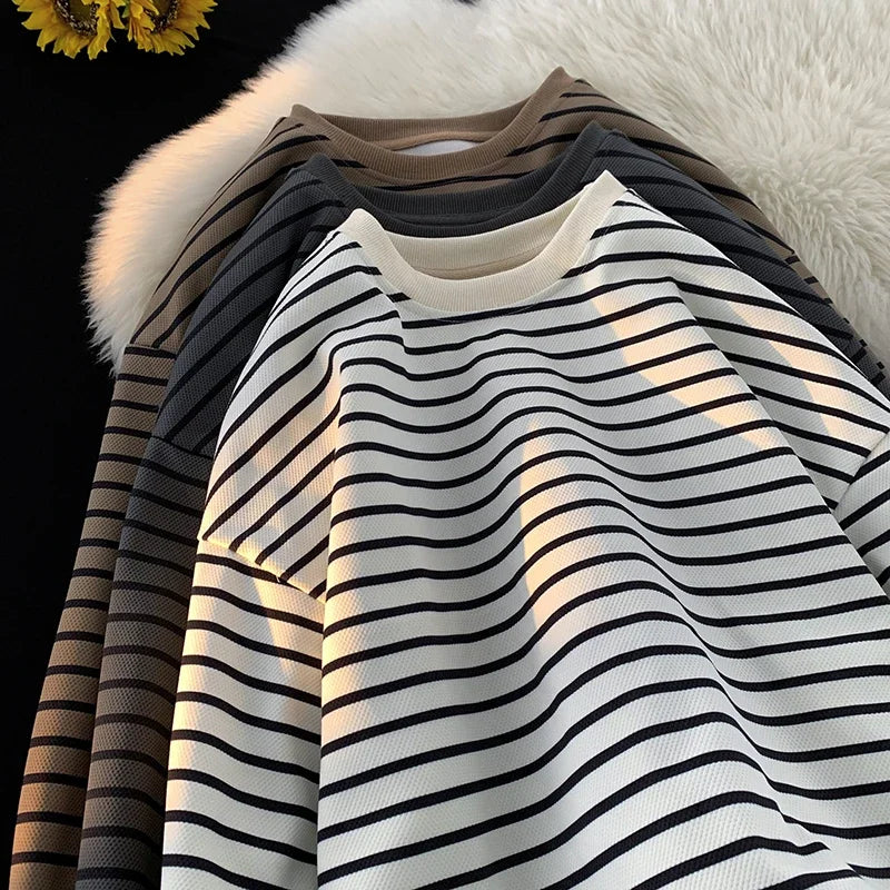 saferido Men's Tri-color Striped Sweatshirt American Classic Style Retro Casual Round Neck Top Unisex College Style Trendy Menswear