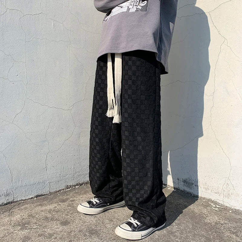 saferido Straight Wide Leg Knitted Sweatpants Men's Spring Autumn Solid Color Plaid Casual Pants Sports Trend Classic All-match Trousers