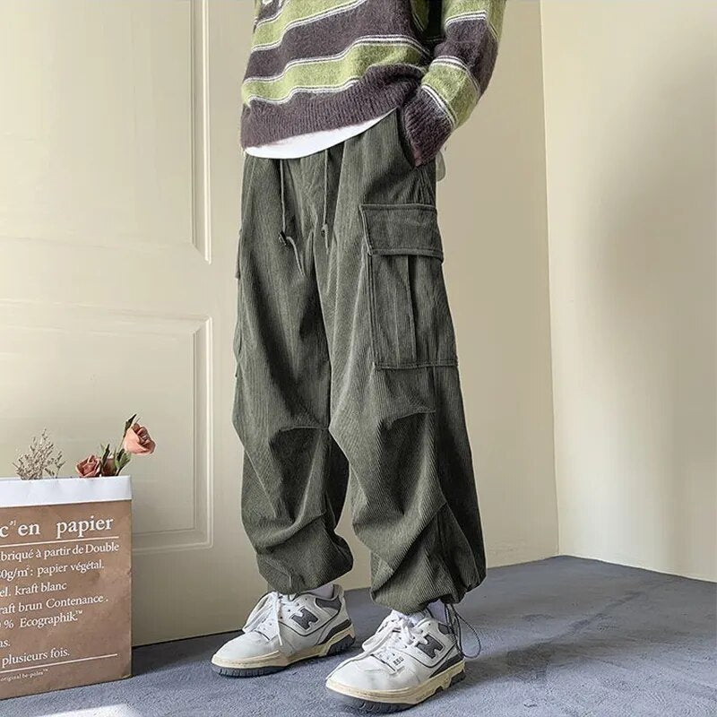 Corduroy Cargo Pants for Men Streetwear Black Cargo Trousers Male Joggers Hip Hop Green Black Japanese Pocket Korean