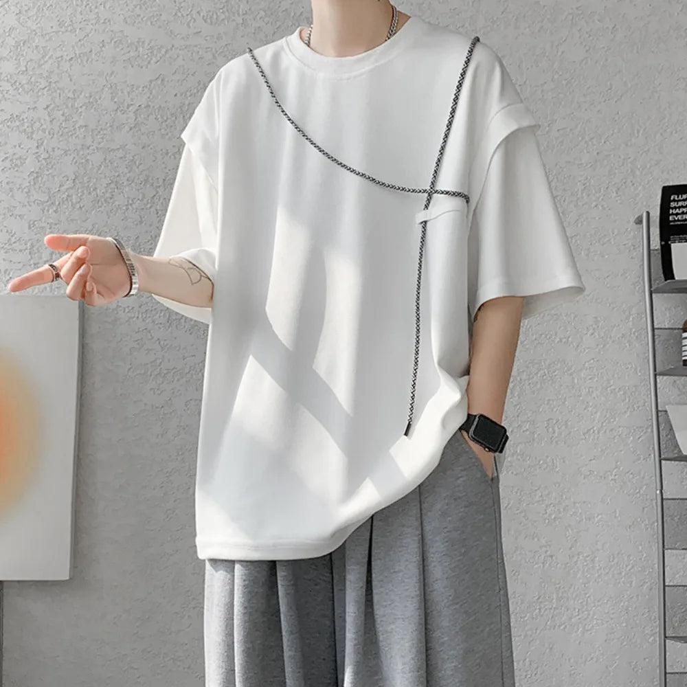 saferido Hip Hop T-shirts Men Simple Popular Korean Style Bandage Design Loose Individual Chic Comfortable Patchwork Students Summer Tees