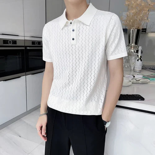 saferido British Style Men's Summer Casual Hollow Out Short Sleeves Polo Shirts/Male Slim Fit Knitting Polo Shirts S-3XL