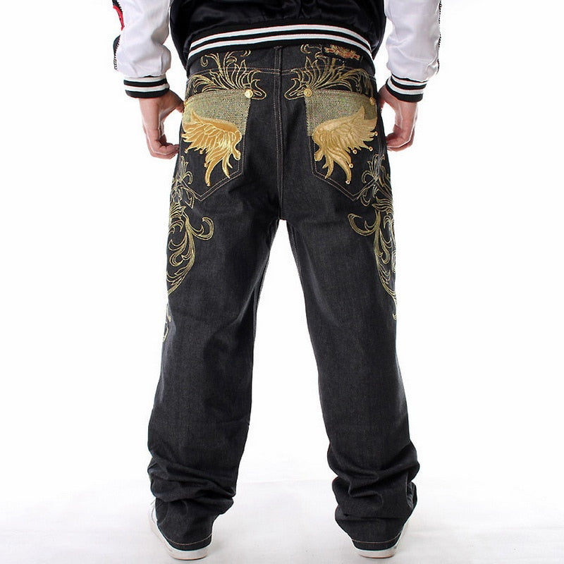 Street Dance Wide Legs Baggy Jeans Men Fashion Embroidery Black Loose Board Denim Pants Male Rap Hip Hop Jeans Plus Size 30-46