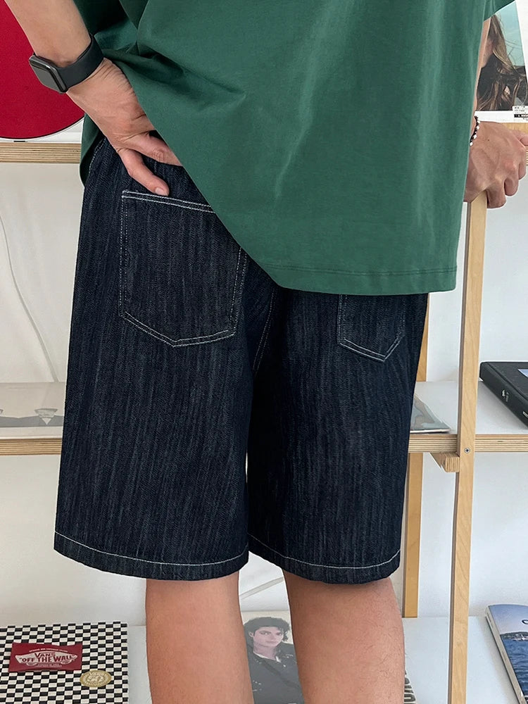 saferido 2024 Summer New Men's Denim Shorts Korean Style Elastic Waist Design Straight Trend Fashion Loose Casual Pants