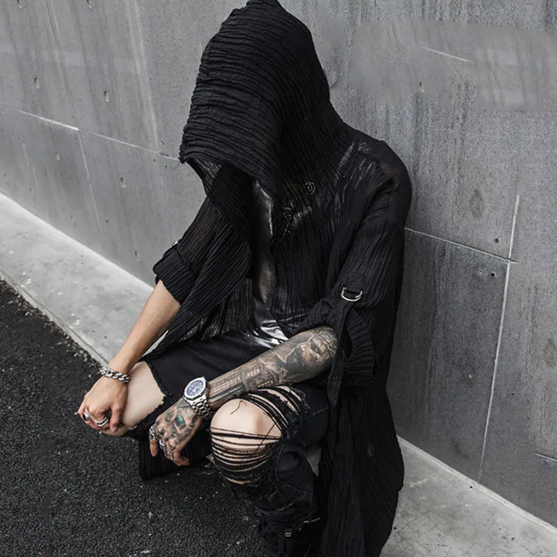 saferido Spring and Summer Men's Black Harajuku Mid Length Loose Casual Long Sleeve Shirt Stage Costume Halloween Costume