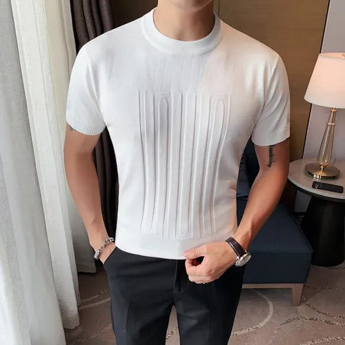 saferido New Summer Men's Short Sleeve Solid Color T shirt Round Collar British Slim Casual Fashion Knit T-Shirts S-3XL