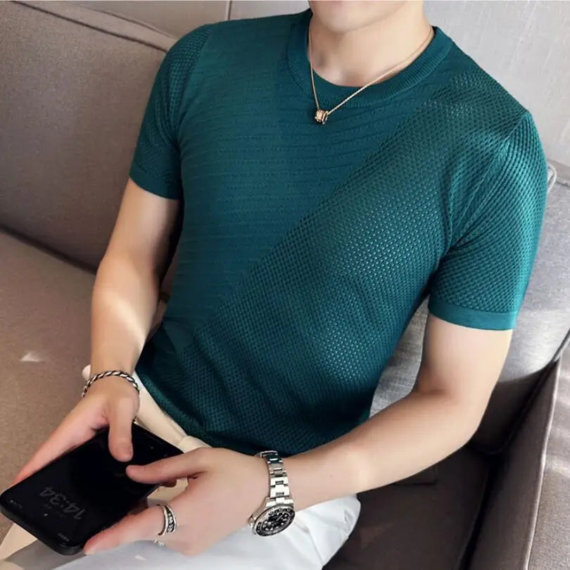 saferido Korean Style Men's Summer Casual Short Sleeve Knitted T-shirt/Male Ice Silk Hollow Out Round Neck T-shirt S-3XL