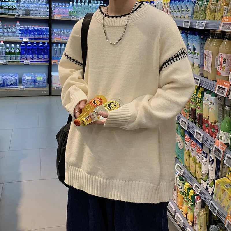 saferido Men's Knit Pullovers Sweaters and Jumpers Vintage Retro Sweater Knitted Pullover Men Korean Streetwear Hip Hop Spliced