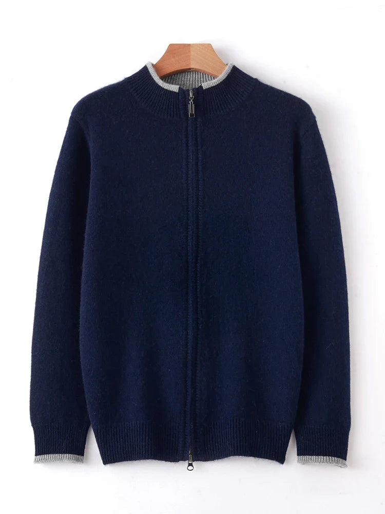 Autumn/Winter New 100% Pure Cashmere Sweater Men's Half High Neck Knitted Zippered Cardigan Solid Color Wool Top Coat