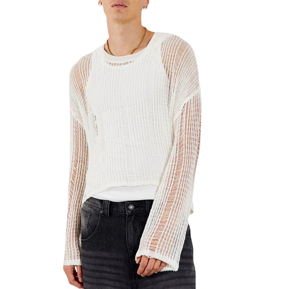 saferido Spring Autumn New Sweater T-shirts For Men Elastic Hollow Slinghtly Transparent Long Sleeve Loose Versatile Knitting Tees Tops