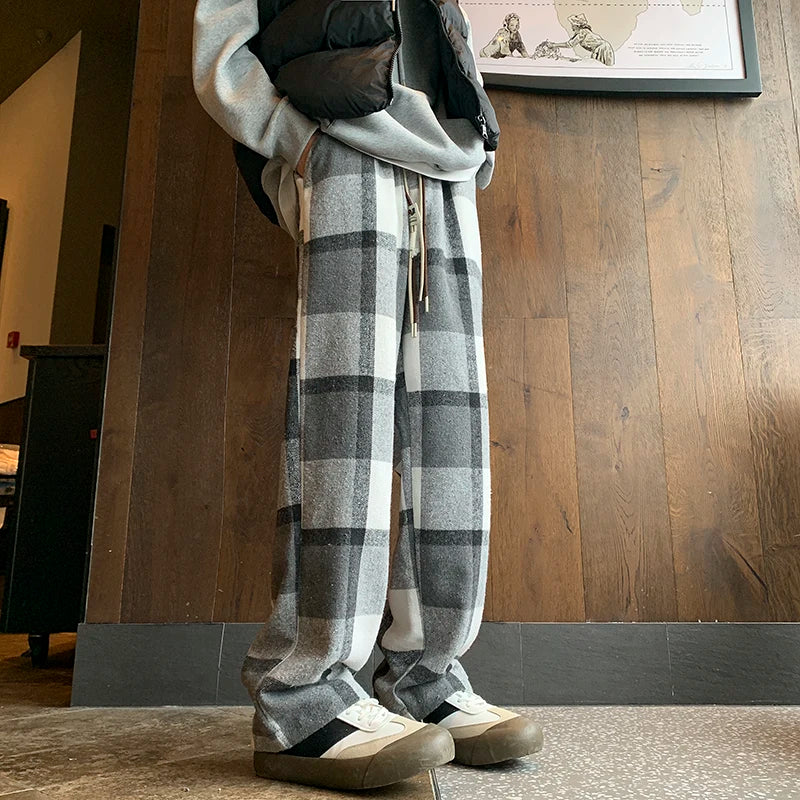 saferido Winter Thickened Woolen Pants Men Warm Retro Plaid Pants Men Oversized Streetwear Loose Wide Leg Pants Mens Thick Trousers M-2XL