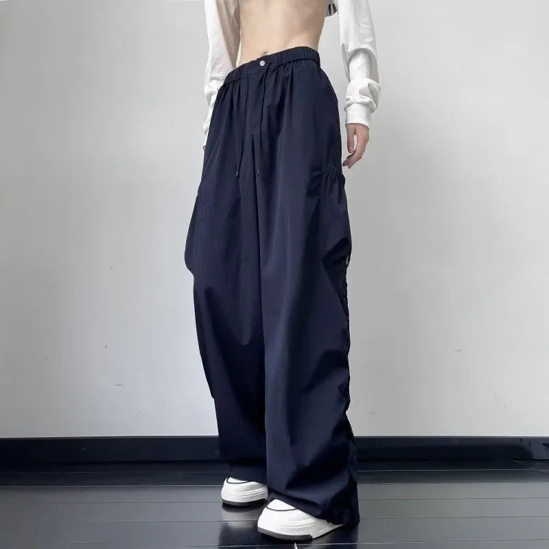 saferido Japanese Casual Loose Pocket Trendy Drawstring Ankle Tie Workwear Pants Versatile Wide Leg Mop Pants Spring Autumn New Style