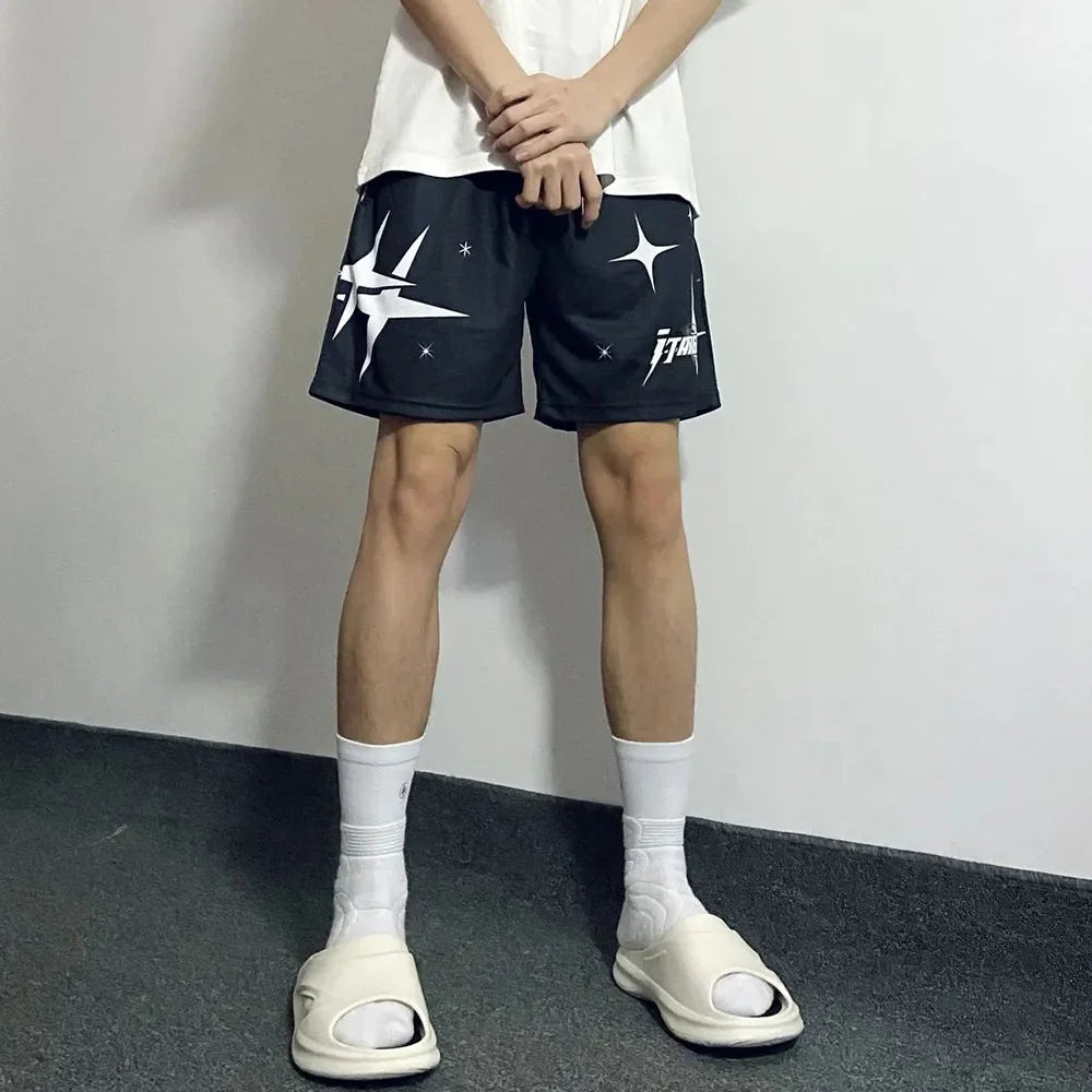 saferido American Y2K Basketball Sports Shorts Men Trend Y2k Street Loose Pentagram Print Knee-length Pants Fitness Breathable Casual Pants