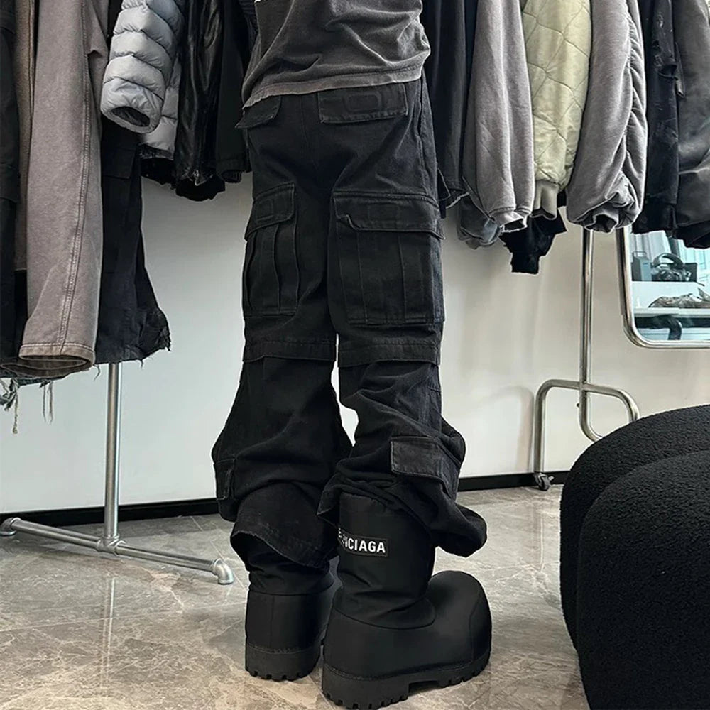 saferido High Street Multi-pockets Washed Black Cargo Pants Mens Straight Pleated Casual Baggy Overalls Oversized Loose Casual Trousers