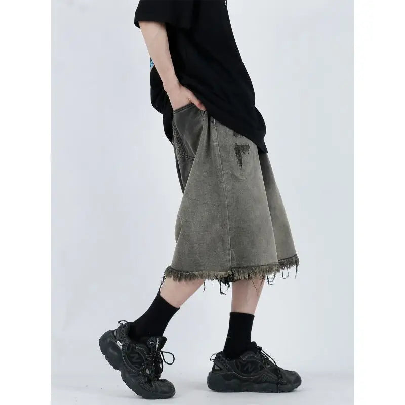 saferido Hip Hop American Vintage Washed Old Gradient Denim Shorts Men's Summer High Street Fashion Casual Loose Capris