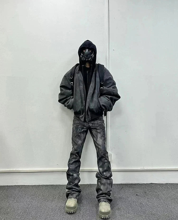 Spring Oversized Vintage Black Faux Suede Leather jacket Men Zipper Fake 2 Piece Luxury Designer Clothes Hoodie