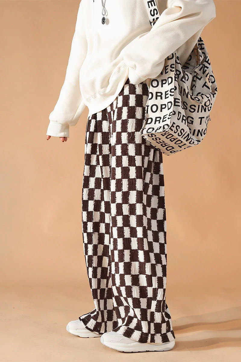 saferido Casual Straight Wide Leg Pants Men High Street Trend Mopping Pants Loose Overalls Contrast Color Plaid Printed Trousers Spring