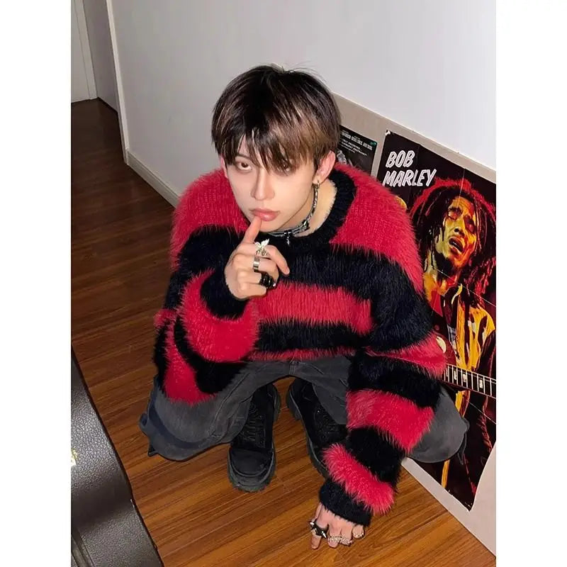 Vintage Pullover Black Red Contrast Striped Sweater Fashion Versatile Knit HIP HOP Mens Clothing High Quality Casual Jumper