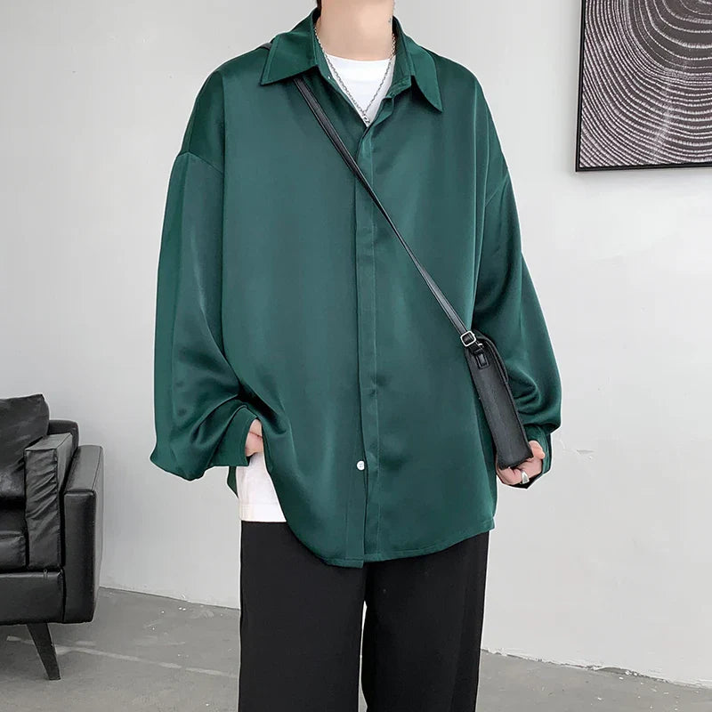 saferido Korean Fashion Ice Silk Shirts for Men Spring Summer Solid Color Long Sleeve Casual Loose Comfortable Button Up Shirt 5XL-M