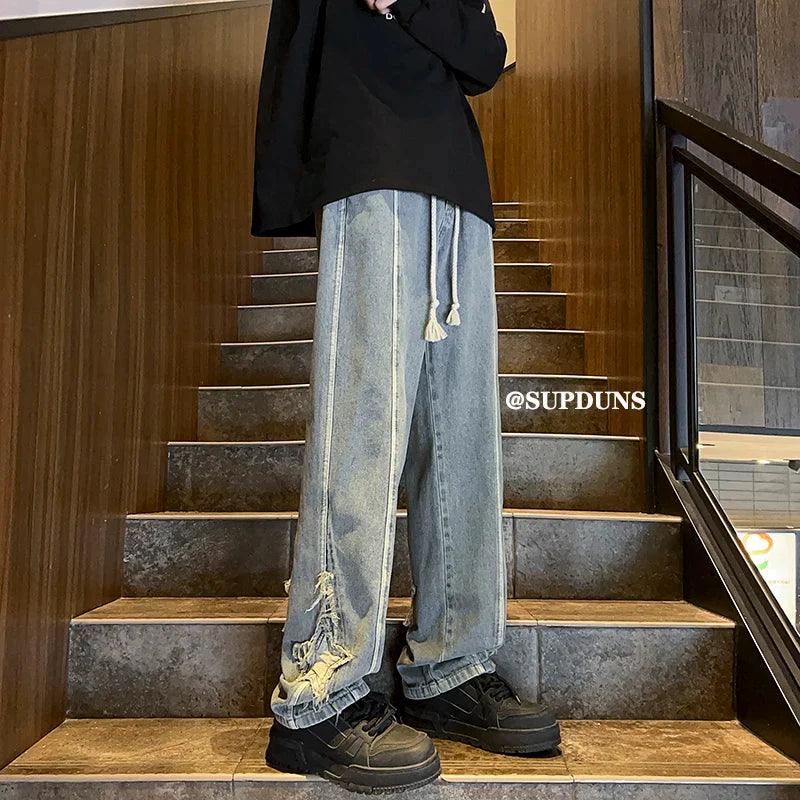saferido Men's Casual Jeans Vintage Street Style Straight Leg Jeans Star Patch Denim Pants 2024 Korean High-street Versatile Jean
