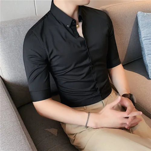 saferido British Style Men Social Shirts Short Sleeve Tuxedo Classic Contrast Collar Striped Solid Shirt for Men Business S-5XL
