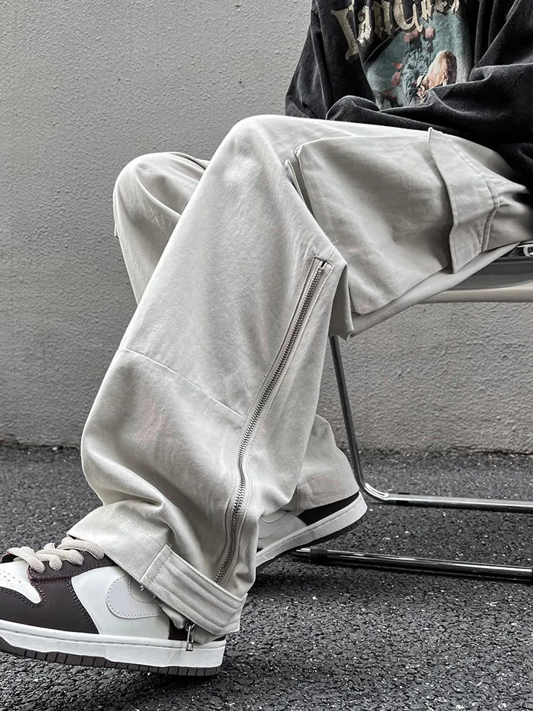 saferido American straight tube workwear pants for men, autumn trendy high street logging wide leg pants ruffled and handsome loose