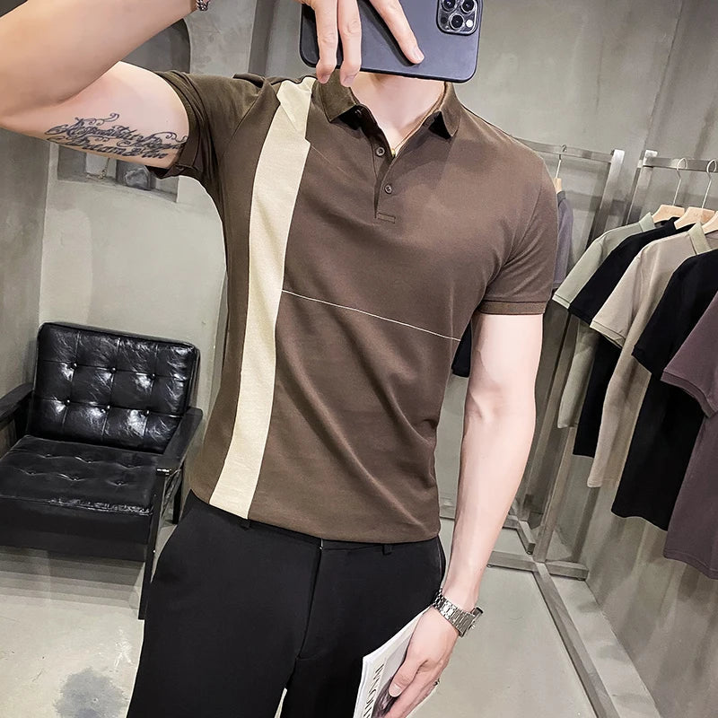saferido British Style Summer Men Polo Shirts Short Sleeve Solid Front Pocket Decor Korean Slim Fit Casual Polo Homme Streetwear 4XL