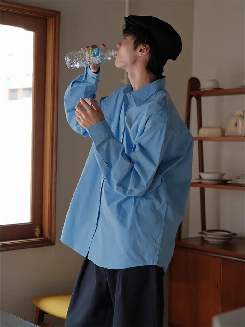 saferido Simple Blue Shirts Men Loose Fashion Teens Couples Korean Youthful Summer Breathable Outdoor Long Sleeve Tops Camisas Trendy Ins