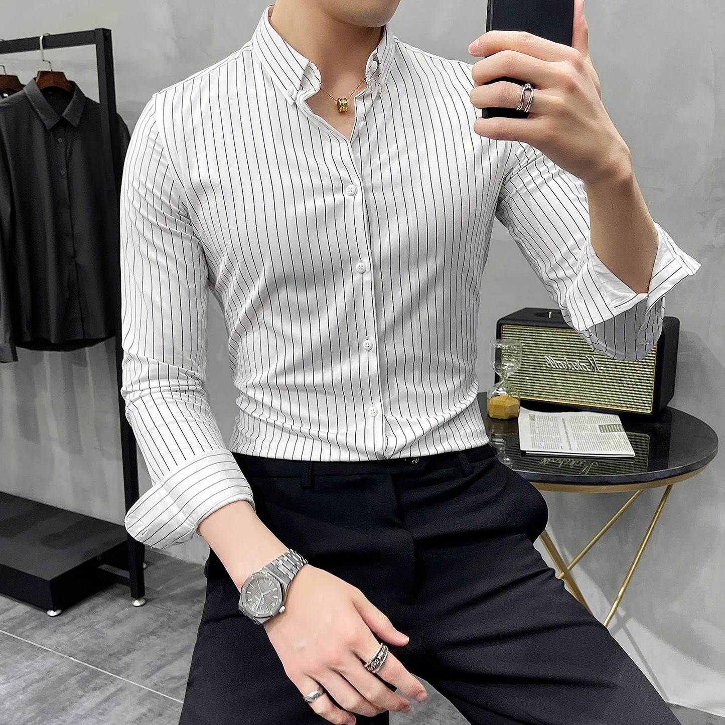 saferido British Style Striped Shirts Mens Long Sleeve Business Formal Dress Shirt Casual Slim Fit Shirt Streetwear Social Party Clothing
