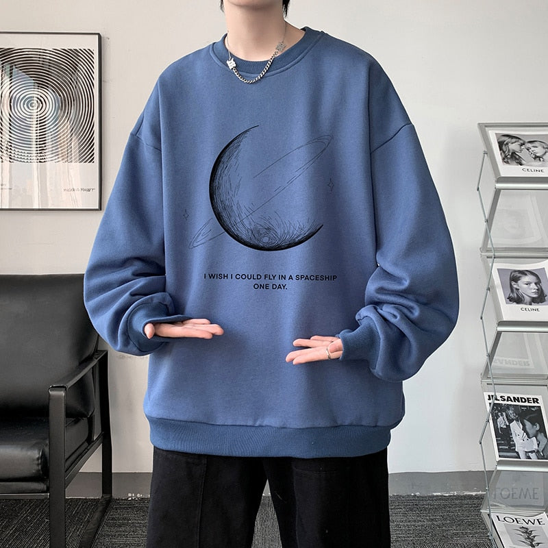 Winter Warm Sweatshirts New Men Simple Stroke Moon Graphic Pullovers Oversized Korean Style Man Letter Print O Neck Tops