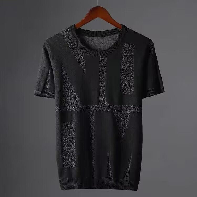 Summer Men T-shirt Knitted Short Sleeves Top Sweater Men's Solid Color O-neck Pullover Thick Slim Knitted Tees D215