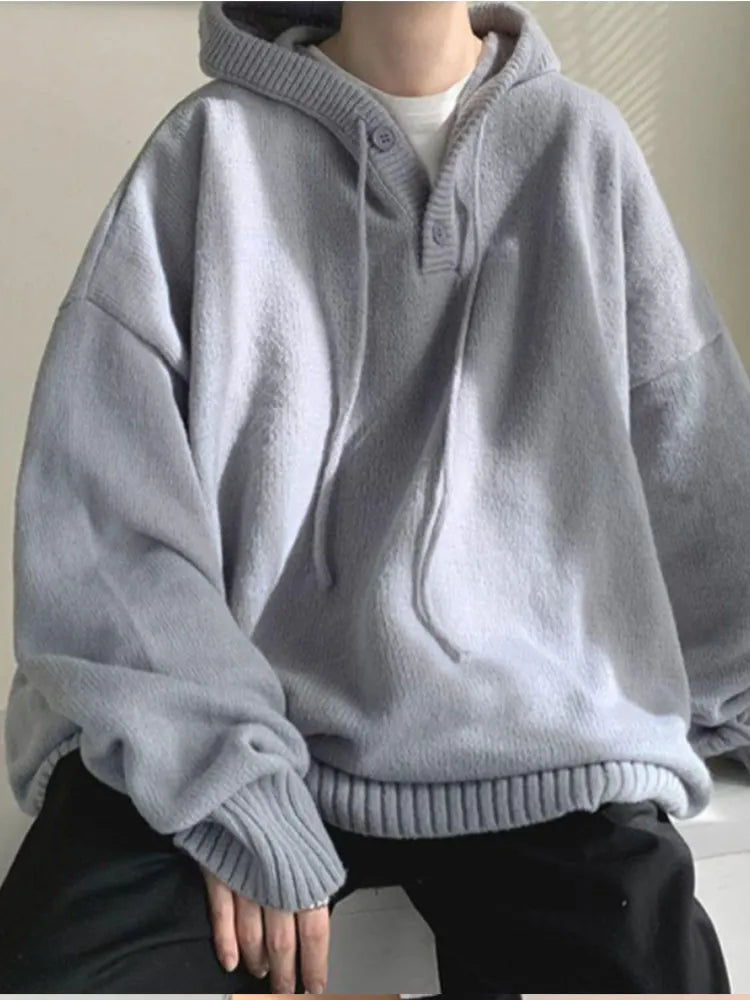 Hood Sweater Men's Winter Loose Chic Idle Sle Retro Knit Solid Outerwear Teenagers Fashion Trendy Warm Man Clothing